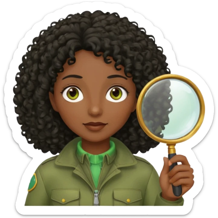 dark skin curly black haired middle-aged woman in moss green explorer outfit, holding magnifying glass sticker