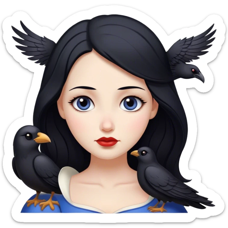 Cinematic Serene Snow White Portrait Emoji, rendered in a simplified vector style. Depict a gentle Snow White (chest and above) with flawless porcelain skin and flowing raven hair, her kind eyes and calm expression exuding a quiet, enchanting charm. The image glows softly with an inviting, pure light and is outlined with a subtle glow. sticker