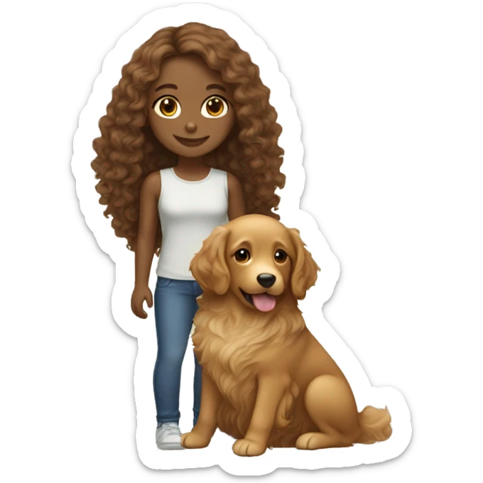 Tan skinned girl with  long brown curly hair with a golden retriever puppy sticker