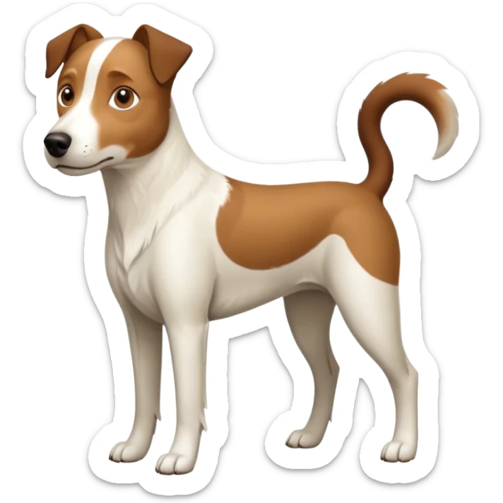 a full body large white parson russell looking dog the size of a kelpie with light brown flapped down ears and a light brown patch on one eye and a large snout sticker