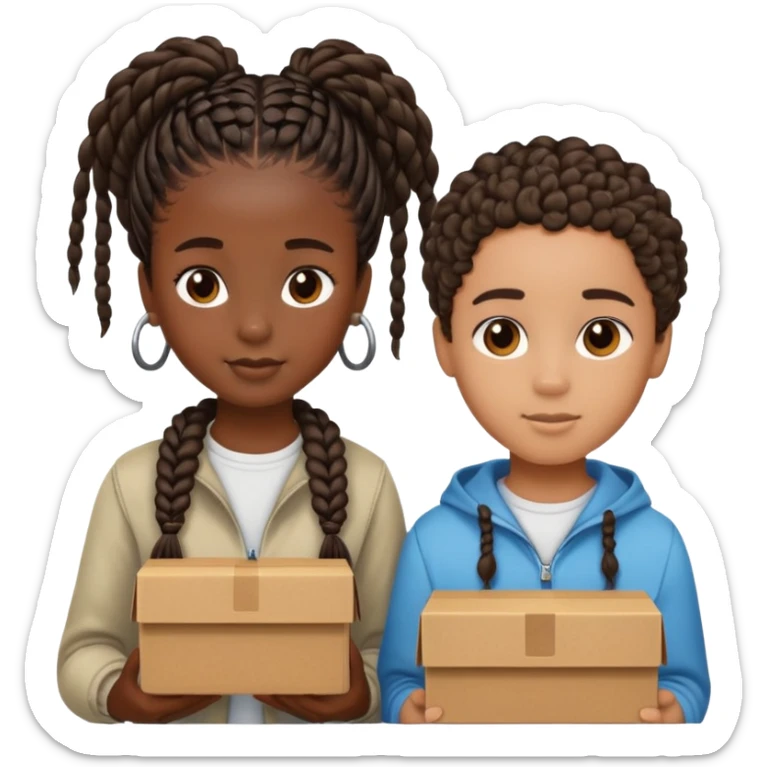 Realistic black girl with box braids and light skin boy with short curly hair sticker