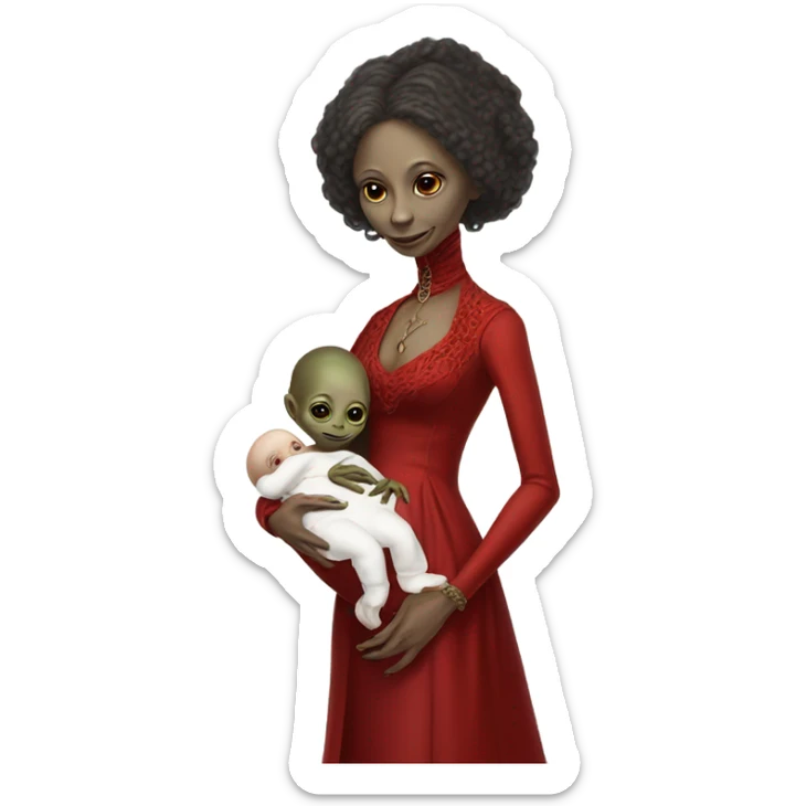  Reptilian alien woman , full body, in victorian red elegant dress , holds a newborn white humman baby sticker