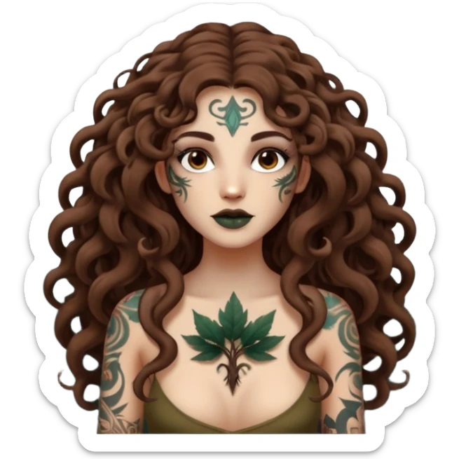 woman with long curly brown hair, brown eyes, white skin, tattoos, forest spirits shaped like smoke animals circling her sticker