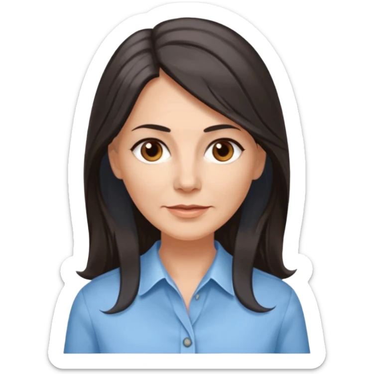 vit 50-årig kvinna med jättelångt mörkbrunt hår med grå/vita slingor bruna ögon ljusblå skjorta med översta knappen uppknäppt sticker