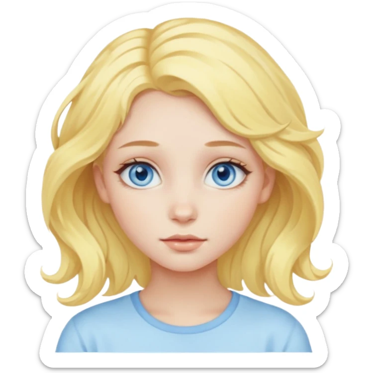 girl with blue eyes, pastel yellow wavy hair, natural dewy makeup sticker