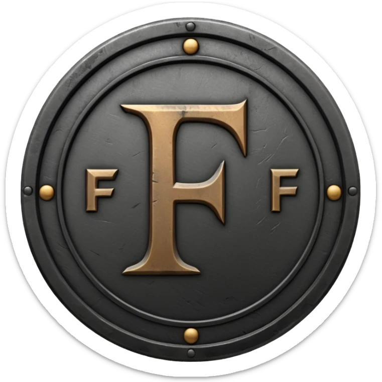 Minimal emoji, gothic metal coin made of black steel, engraved number f at the center, ancient industrial aesthetic, worn metal texture, no glow, no neon, flat emoji design, centered, transparent background sticker
