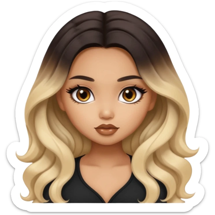 tan skin, girly bratz ASIAN vietnam baddie, beautiful dark brown eyes, pretty makeup, long black to blond ombré wavy hair sticker