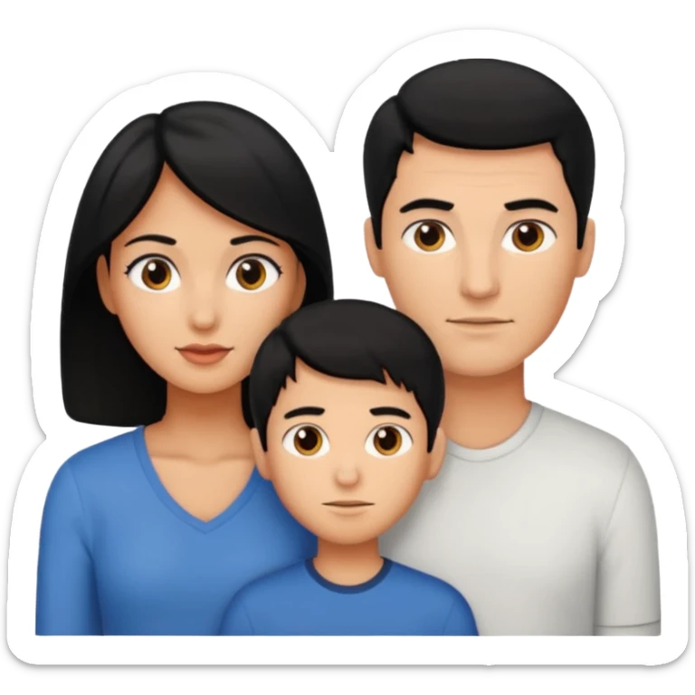 A family of a man, a woman and a boy, slightly tanned, having black hair sticker
