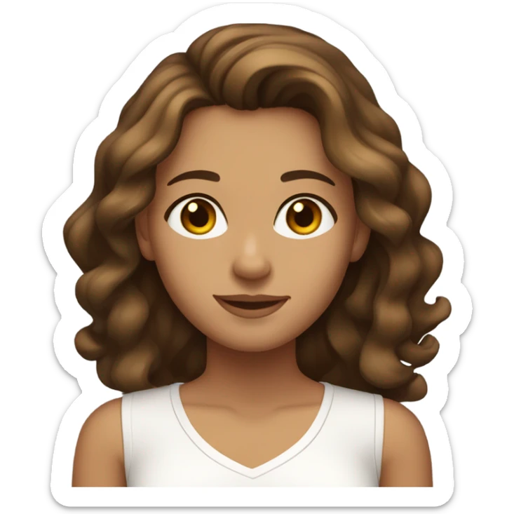 Brunette girl tanned with brown eyes and wavy hair, a white top sticker