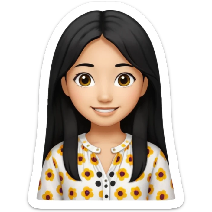 20 yr old asian woman hair white blouse with black dots center part big eyes big smile tanned skin straight black hair hippie part hair  sticker