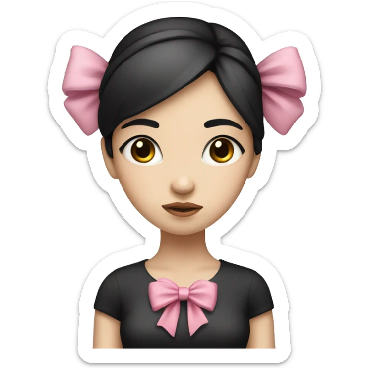 sad girl with white skin and straight black hair with a pink bow on her head sticker