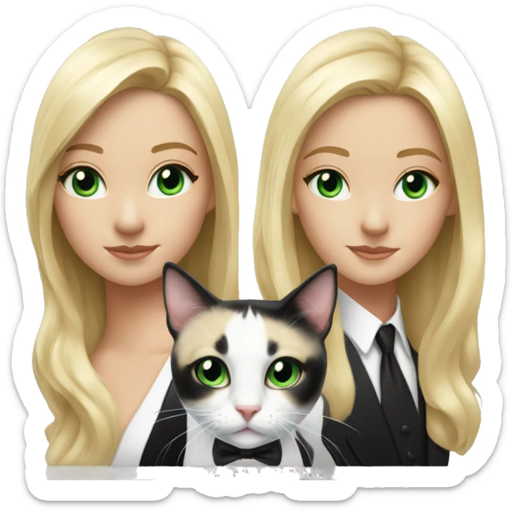 Blonde girl with black and white tuxedo cat both have green eyes sticker