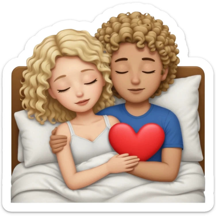 cuddling in bed, asleep. wavy haired blonde girl. curly haired dark brown hair man. eyes closed. heart between them. no headboard sticker