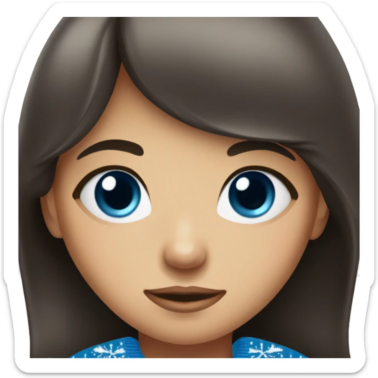 A girl with bangs of dark brown hair and blue eyes in a Christmas sweater sticker
