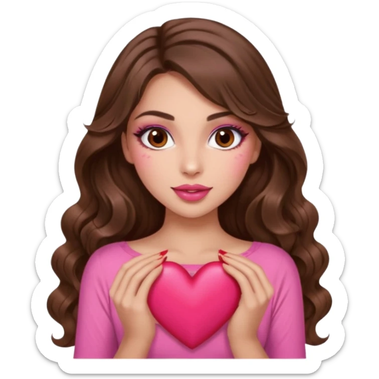 girl with long wavy brown hair, brown eyes, long lashes makeup, sexy pink lips, light to medium complexion, wearing a pink sexy top, many  hearts in hand sticker