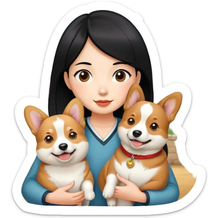 A black hair girl holding a corgi dog and a chinese rural dog sticker