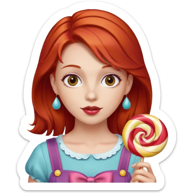 red hair woman with sweet treat accessories, not holding a candy sticker