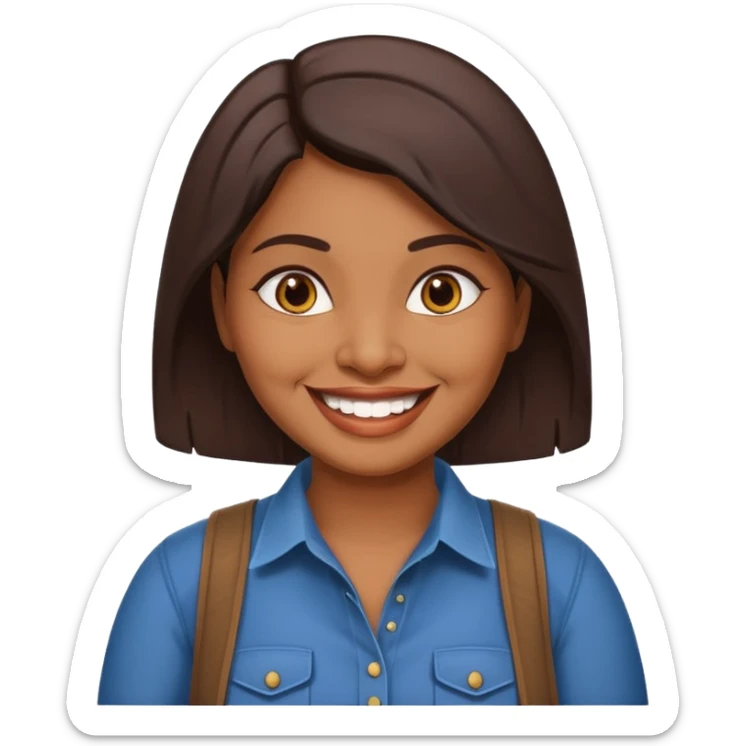 40 yr old chubby Sri Lankan woman, dark skin, straight brown hair, big smile, white teeth, western clothes sticker