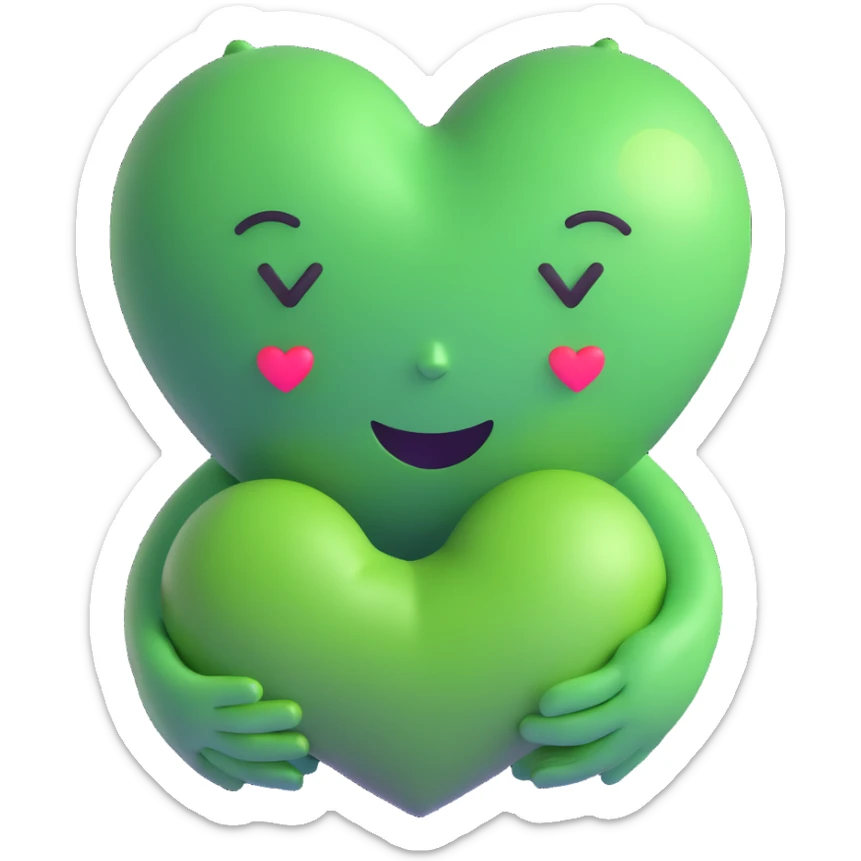 green face emoticon with closed eyes hugging a green heart, expressing care and support sticker