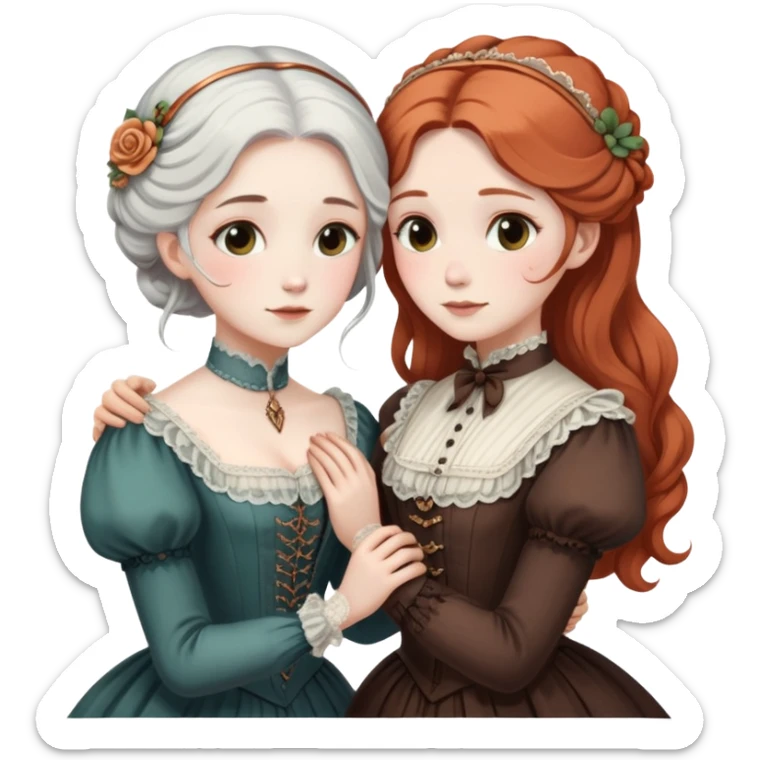 Two modest Victorian women hugging, one with white hair and one with copper hair, wearing Victorian era dresses sticker