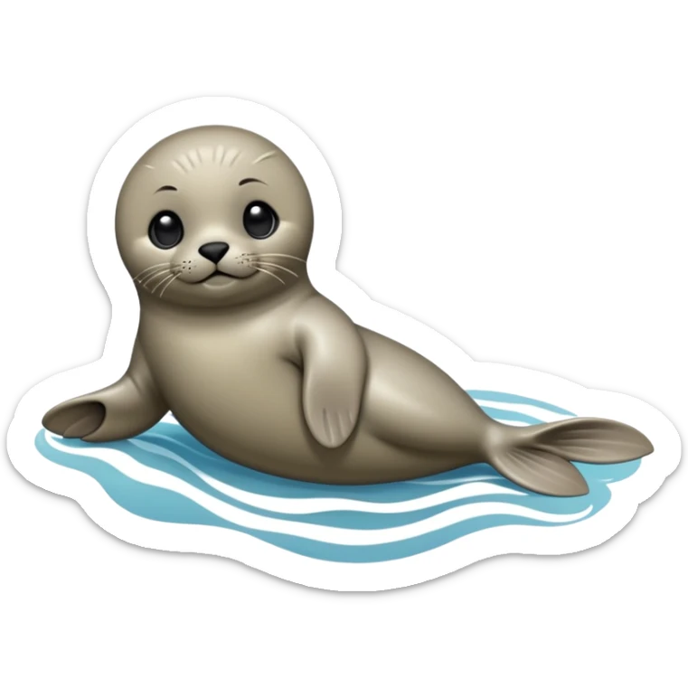 cinematic-seal-realistic-full-body-lounging-emoji,-sleek-body-stretched,-short-smooth-fur-glinting-in-the-sea-breeze,-flippers-tucked-comfortably-beneath-its-body,-large-dark-eyes-filled-with-playful-curiosity sticker