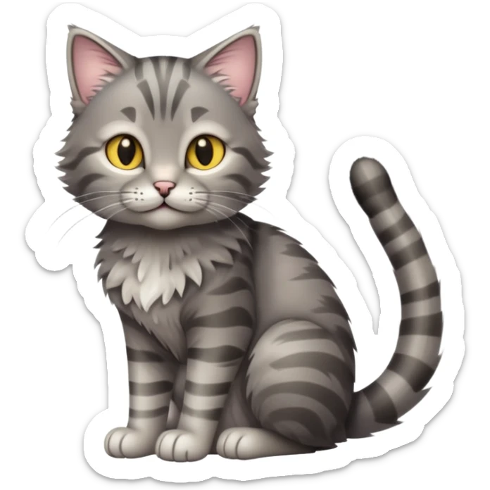 cinematic-[grey tabby cat]-realistic-full-body-sitting-emoji,-tail-curled-playfully-around-its-paws,-head-tilted-dramatically,-scruffy-[grey]-fur,-simplified-yet-realistic-focused-features,-highly-detailed,-glowing-with-an-almost-sarcastic-glow sticker
