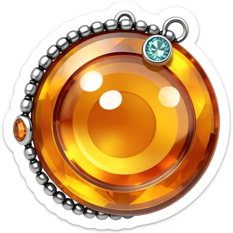 extreme close up of a round cut holographic amber charm with silver metal accent and crystal beaded chain sticker