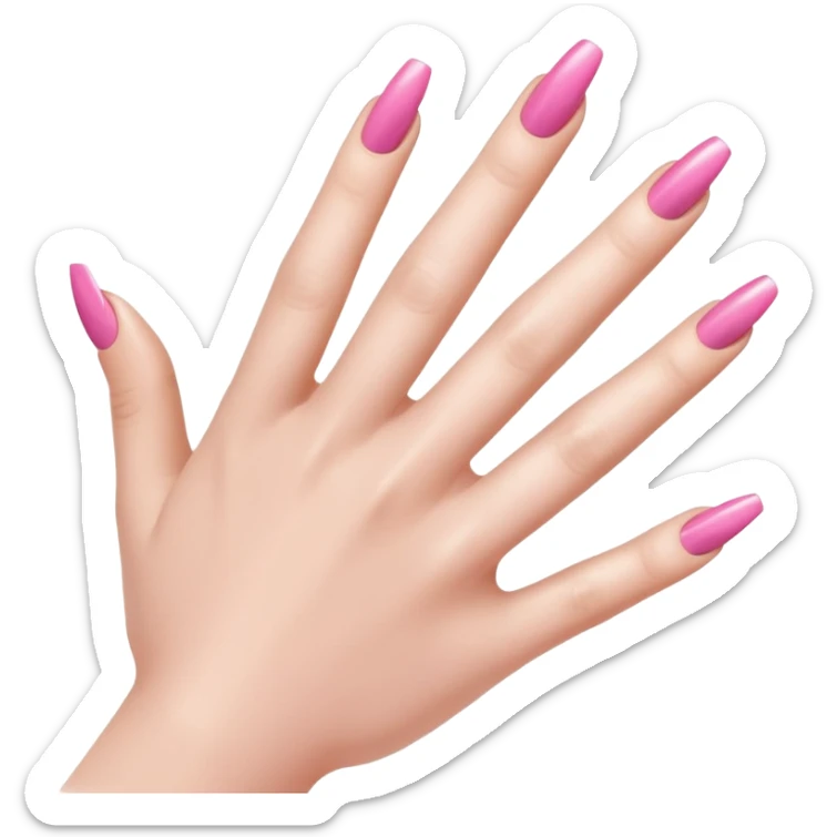  pink close-up of a hand with beautifully manicured nails, glossy pink nail polish, elegant nail shape, soft lighting and shadows, realistic style, sticker