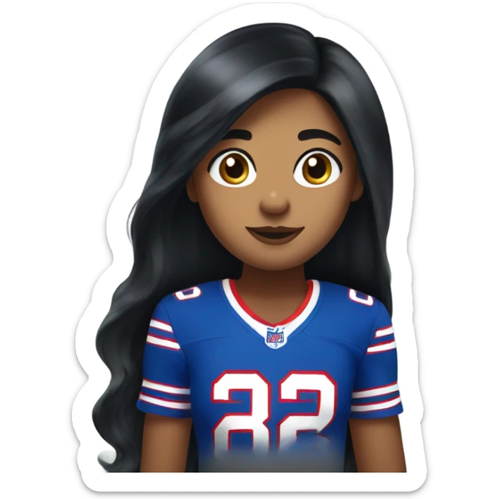 Girl with long black hair and freckles wearing buffalo bills jersey sticker