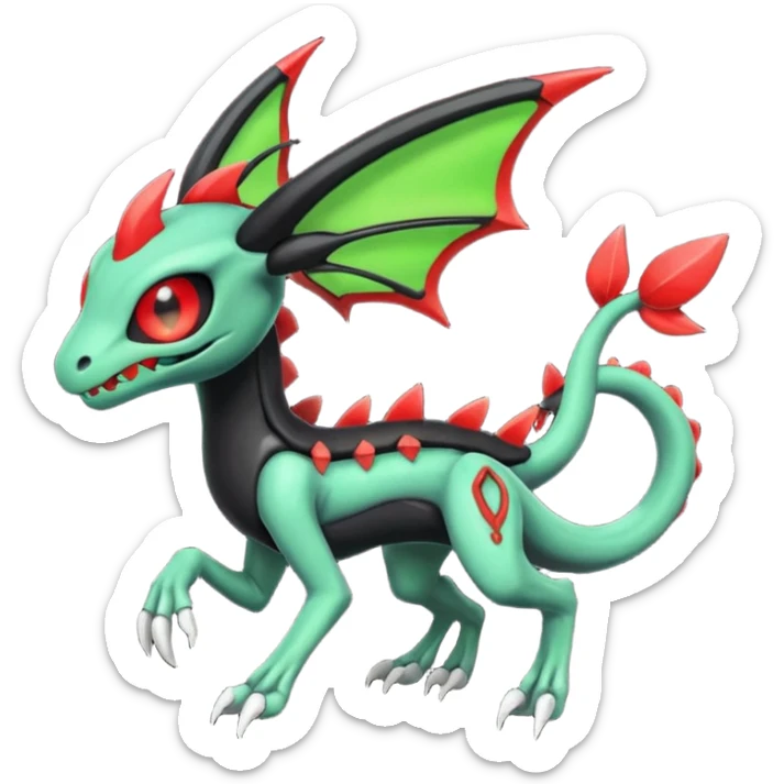 Obsidian-black and neon-glowing-green skeletal Meloetta-Salandit-Noivern-Zygarde-Pokémon-Fakémon-creature-fusion-hybrid with glowing crimson-red evil slit eyes sticker