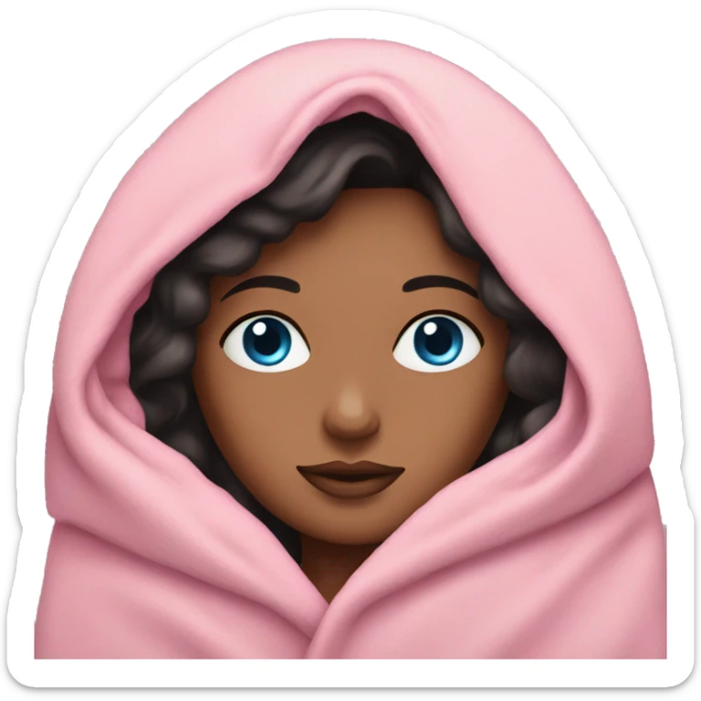 Woman with dark hair and blue eyes snuggled in a pink blanket sticker