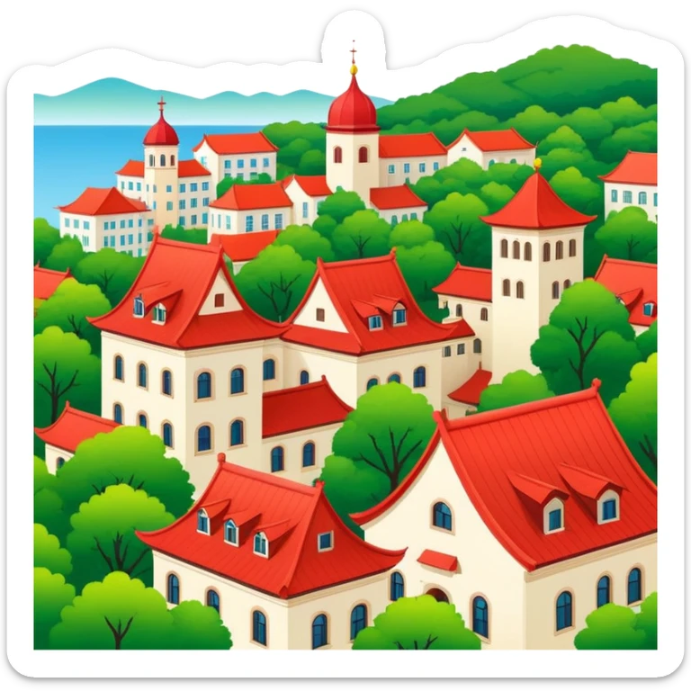 Qingdao European style buildings in Badaguan area with red roof and green trees, simplified emoji style with bold outlines and bright colors, cartoon style German architecture sticker