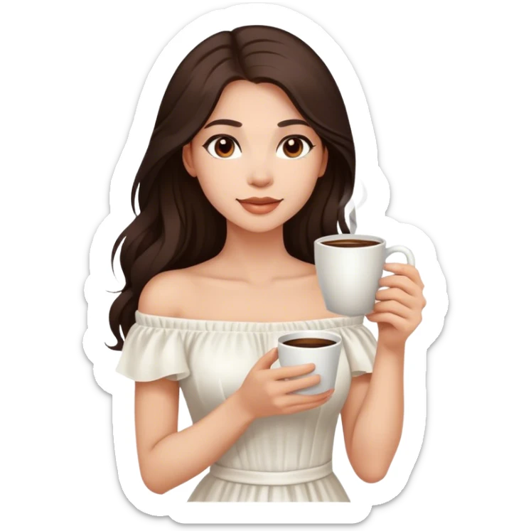 Beautiful woman in 1950’s woman fashion look, off-shoulder white dress, long dark brown hair, coffee sticker