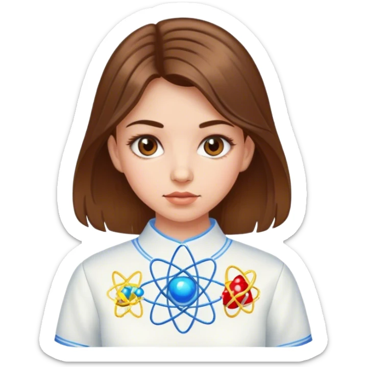 a Ukrainian girl with brown hair in an embroidered shirt and an atom sticker