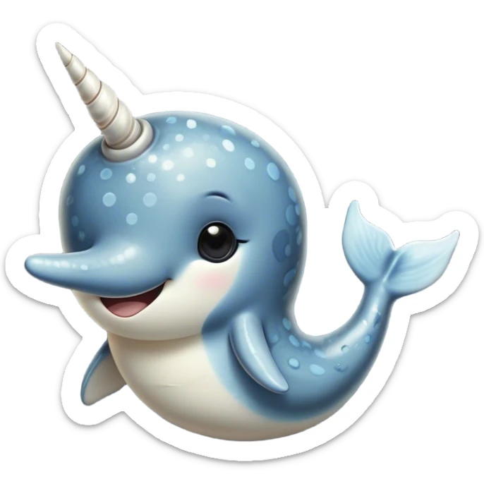 Cinematic Cute Narwhal Portrait Emoji, Head tilted playfully and inquisitively, showcasing a sleek, streamlined body with subtly iridescent, mottled gray skin and a prominently spiraled ivory tusk, complemented by round, sparkling eyes full of gentle wonder, Simplified yet irresistibly adorable features, highly detailed, glowing with a warm, friendly arctic glow, high shine, affectionate and lively, stylized with a touch of whimsical marine charm, soft glowing outline, capturing the essence of a mischievous yet loving narwhal that seems as if it could frolic out of the screen into your heart! sticker