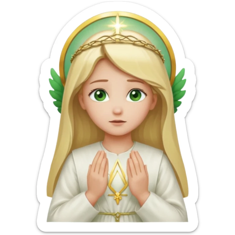 Blonde girl in white closed dress with green eyes praying. The holy halo is behind her sticker