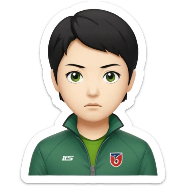 Create a realistic portrait of Kang Sae-byeok (Player 067) with short black hair, green jacket & serious look. sticker