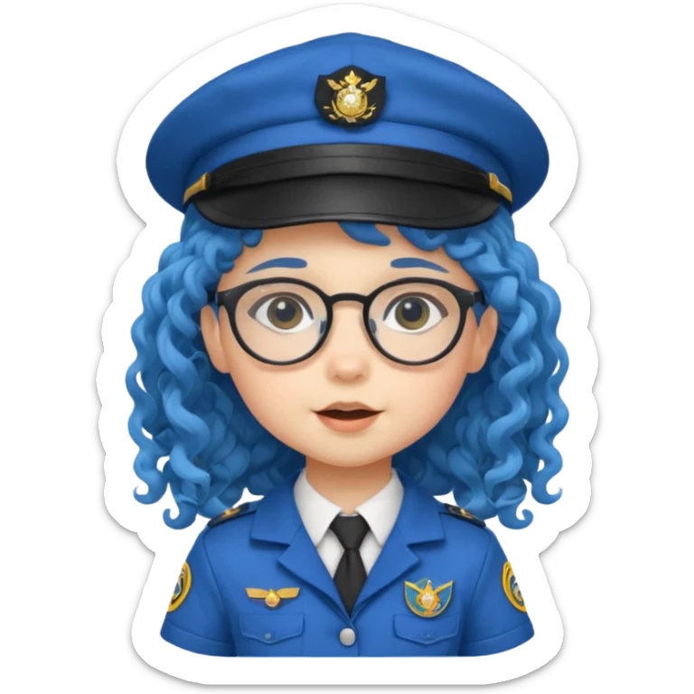 scout girl baby with uniform including the hat,  little with glassess and long curly blue hair sticker