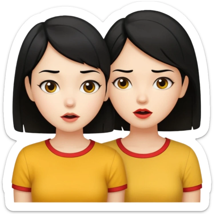 2 girls gossiping. both are fair and have black hair. One has short hair, one has long. One is wearing yellow, one is wearing red sticker