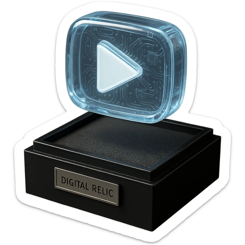 white youtube play button placed in the center of a sleek black acrylic box, like a collectible or museum artifact, foam padding, small engraved nameplate that says “Digital Relic”, soft ambient lighting, real-world texture sticker