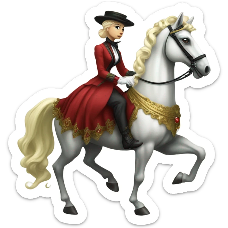 "galora green blonde alien woman" in red Victorian elegant dress, full body, rides horse gold and white
 sticker