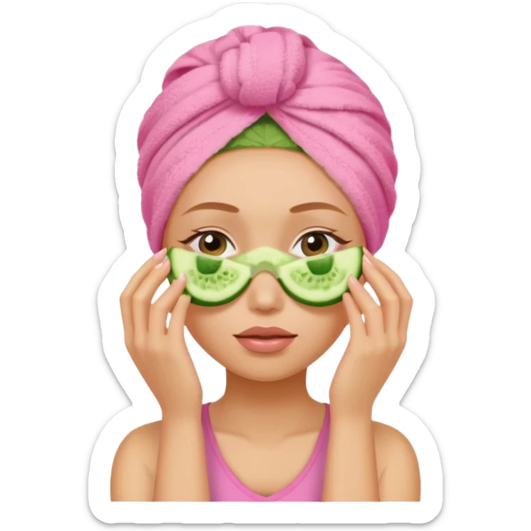 Girl with pink towel in hair cucumber slices covering eyes sticker