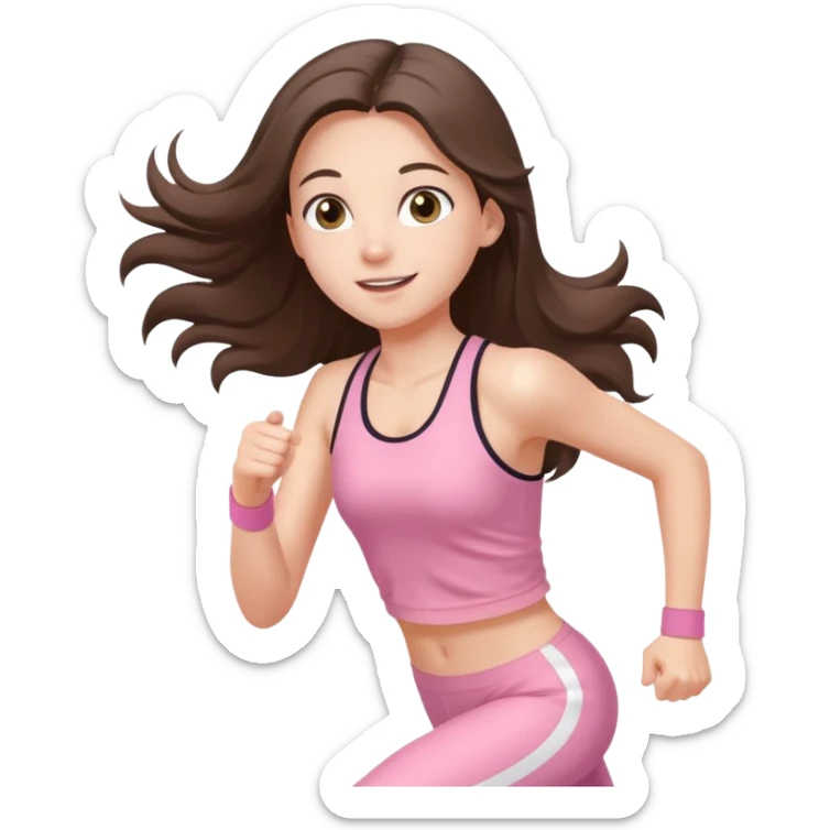 white happy brunette teen long hair with hazel eyes in light pink workout clothes jogging through finish line sticker