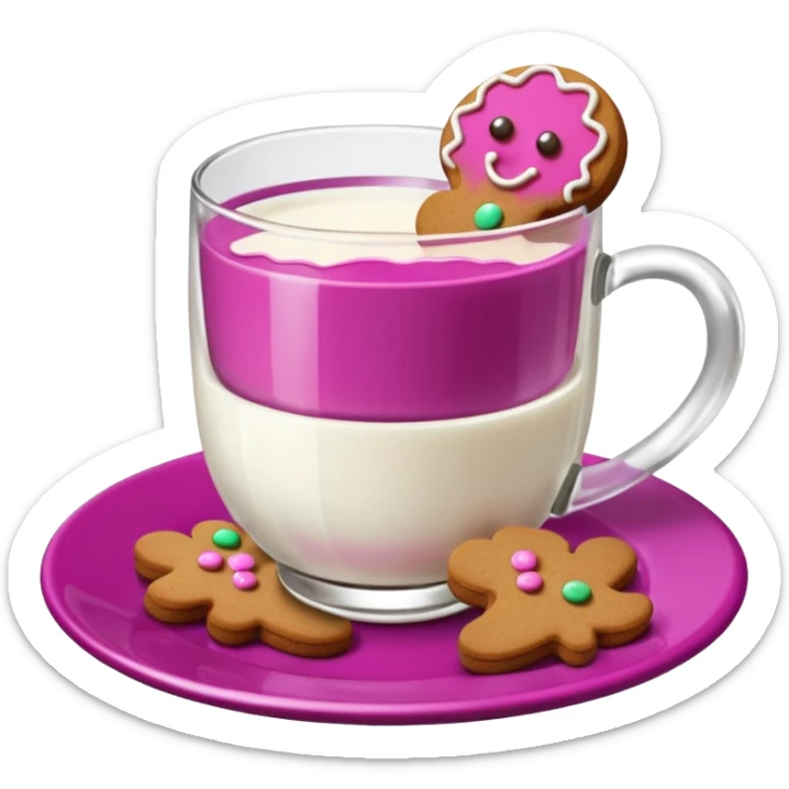 A glass of milk sits on a magenta saucer with gingerbread cookies. sticker