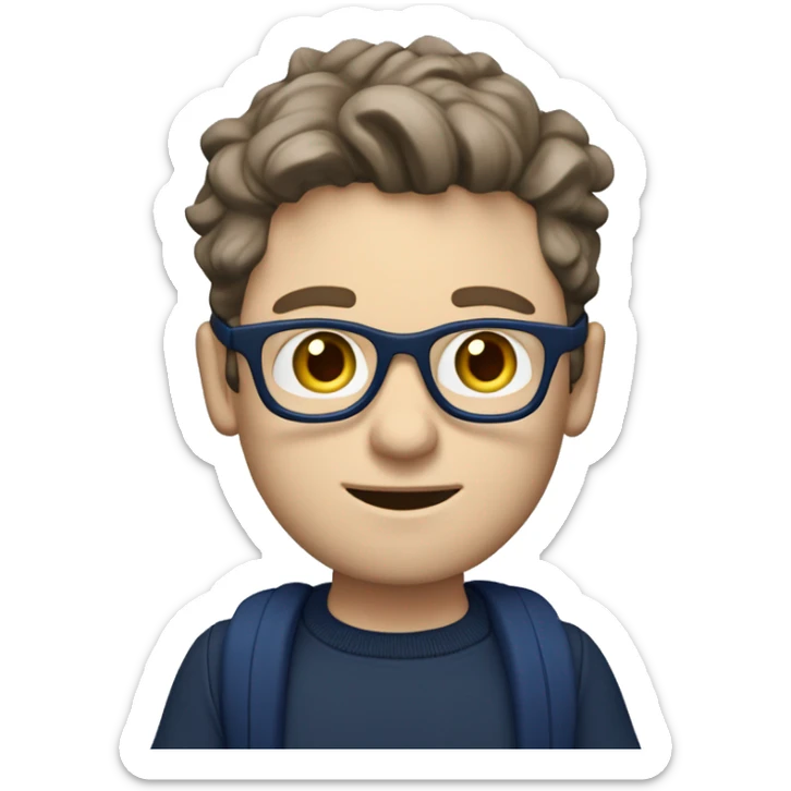 caucasian white boy with dark wavy  hair, blue glasses, and carrying design paper plan because he is an architect carrying a pencil and a set model maquette. wearing a navy blue long sleeve sweater shirt. smart.  sticker