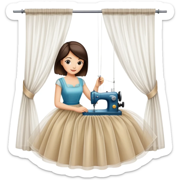 A picture where a brunette seamstress of about 40 years old is sewing a beautiful transparent tulle curtain. sticker