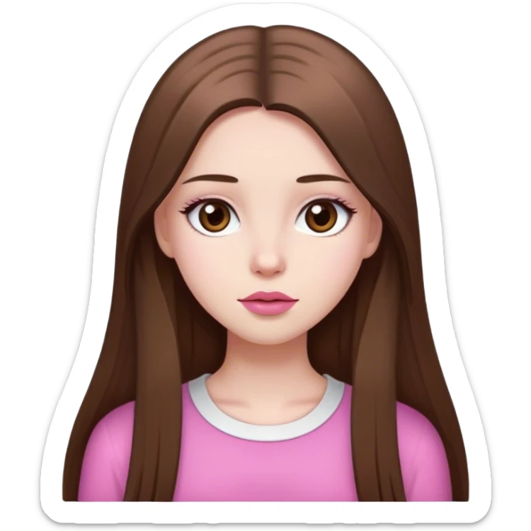 A girl with brown long and straight hair, white skin color, brown eyes, pink lips,  sticker
