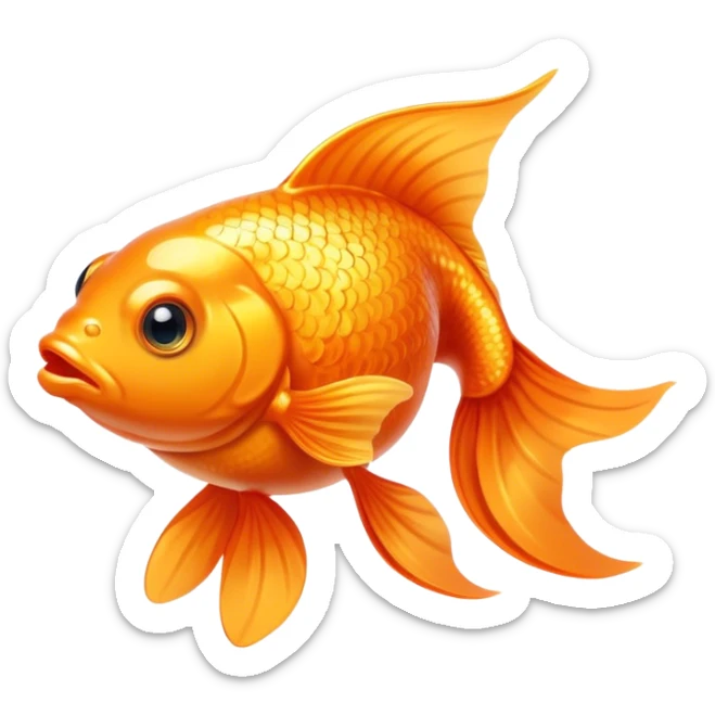 Cinematic Cute Orange Goldfish Portrait Emoji, Head tilted playfully and inquisitively, featuring a glossy, vibrant orange body with delicate, flowing fins, round, sparkling golden eyes filled with curiosity, Simplified yet irresistibly adorable features, highly detailed, glowing with a warm, friendly glow, high shine, affectionate and lively, stylized with a touch of whimsy, bright and endearing, soft glowing outline, capturing the essence of a mischievous yet loving goldfish, so playful it feels like it could swim out of the screen and into your heart! sticker