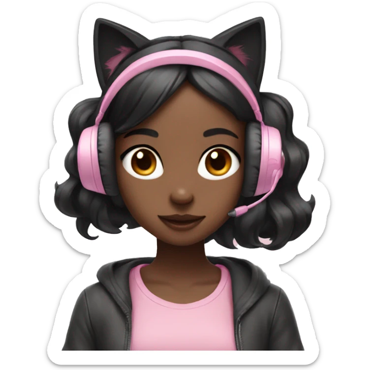 Black hair girl with pastel pink gaming headset that has cat ears  sticker