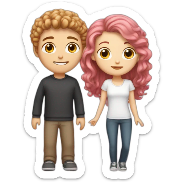 white girl with pink straight hair kissing a white boy with curly brown hair sticker